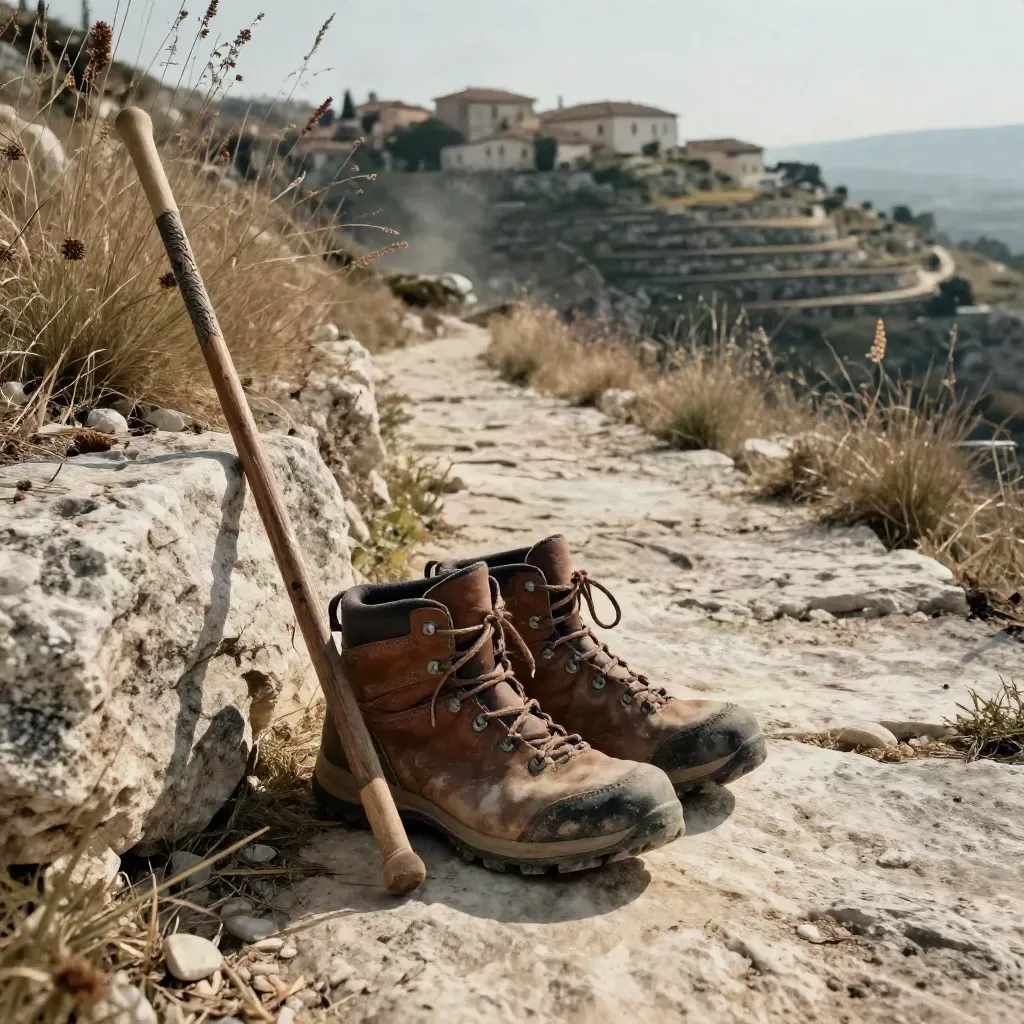 Scarponi da trekking impolverati e bastone su sentiero collinare tra erbe alte e pietra calcarea.