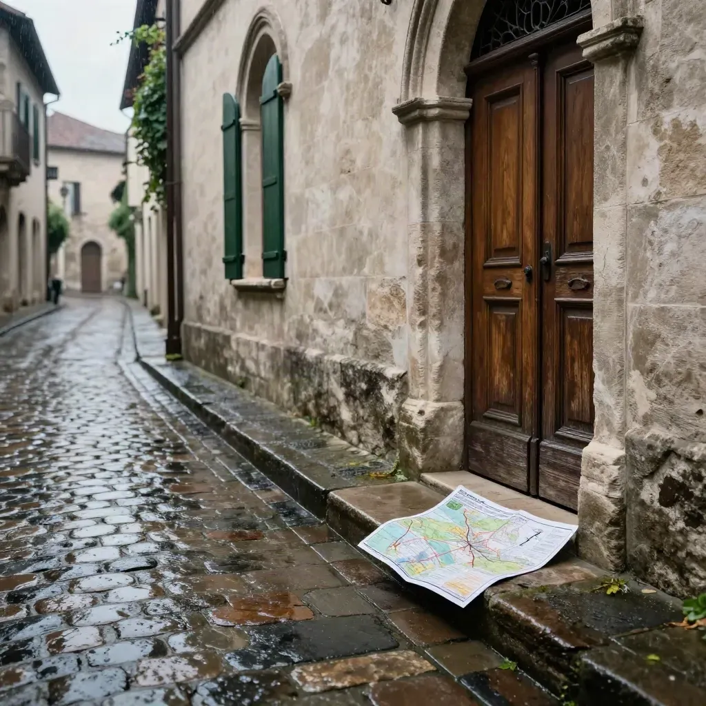 Vicolo lastricato bagnato con facciata romanica, portone in legno e mappa piegata su un muretto.