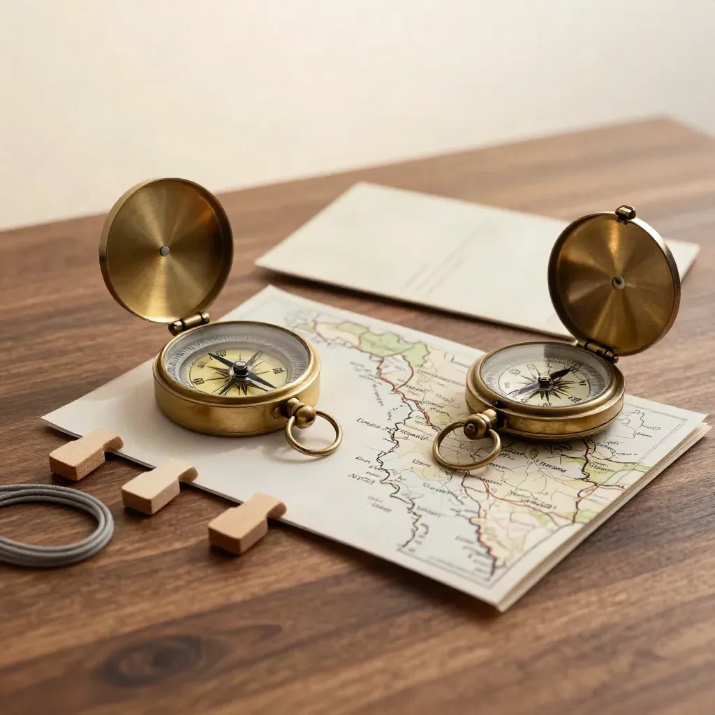Bussola, mappa piegata, elastici, segnaposto in legno e orologio su tavolo in noce.