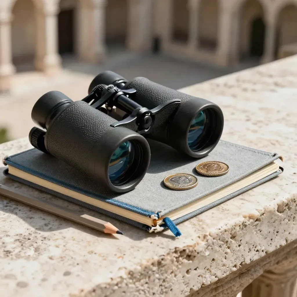 Binocolo, taccuino e moneta antica su travertino, in luce radente di una visita guidata.