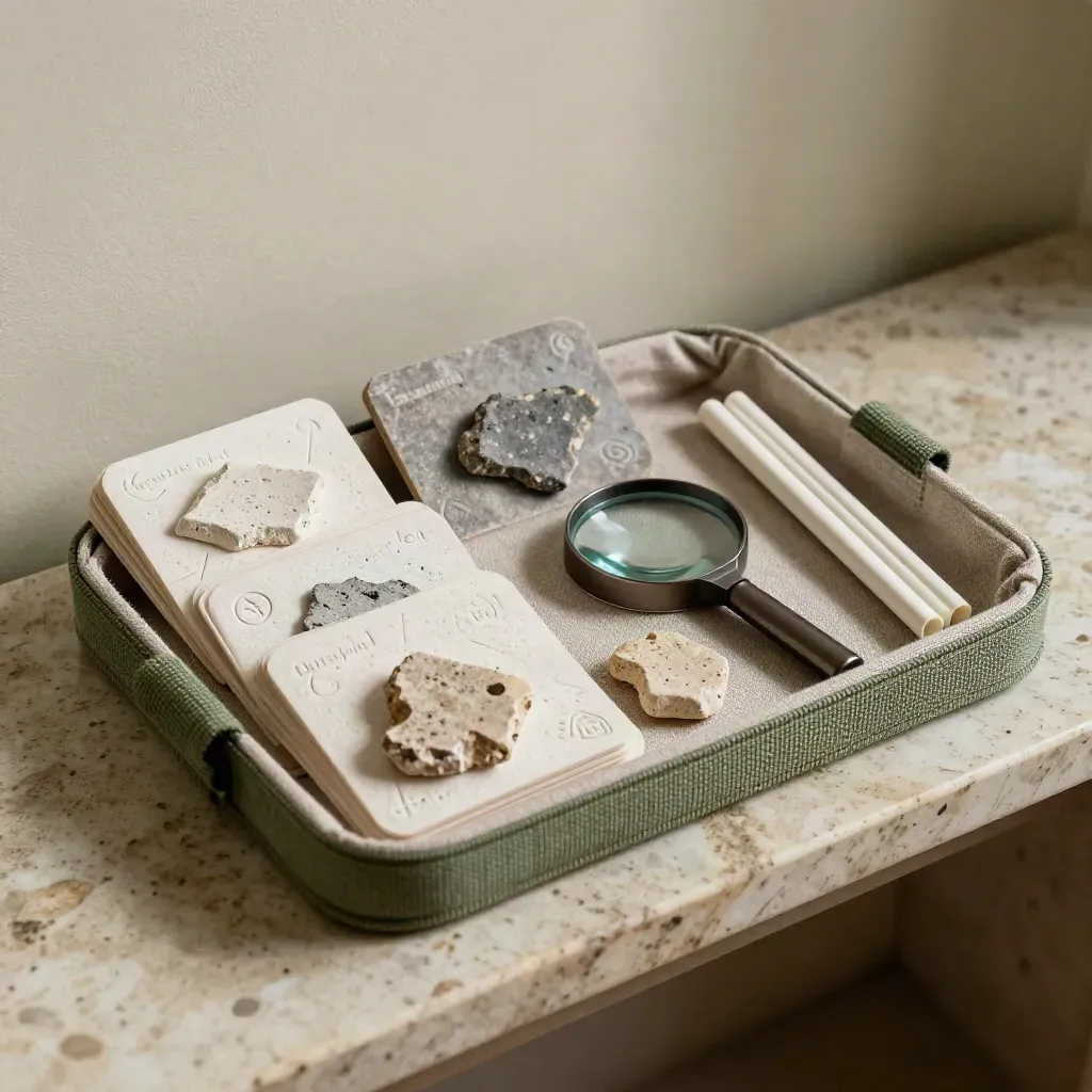Kit didattico con cartoncini tattili, reperti replica, gessetti e lente chiusa su pietra chiara.