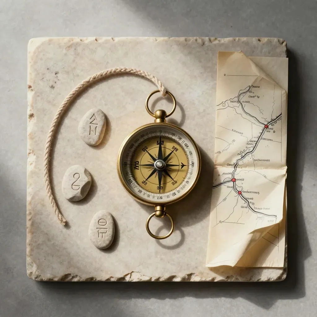 Flatlay con bussola in ottone, cordino cerato, pietre e mappa piegata su lastra chiara.
