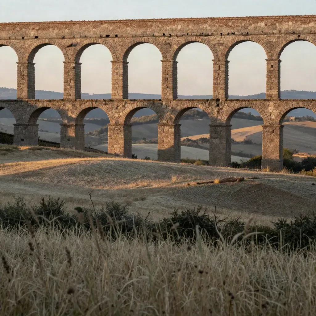 Acquedotto romano nella campagna laziale sotto luce calda e cielo lattiginoso