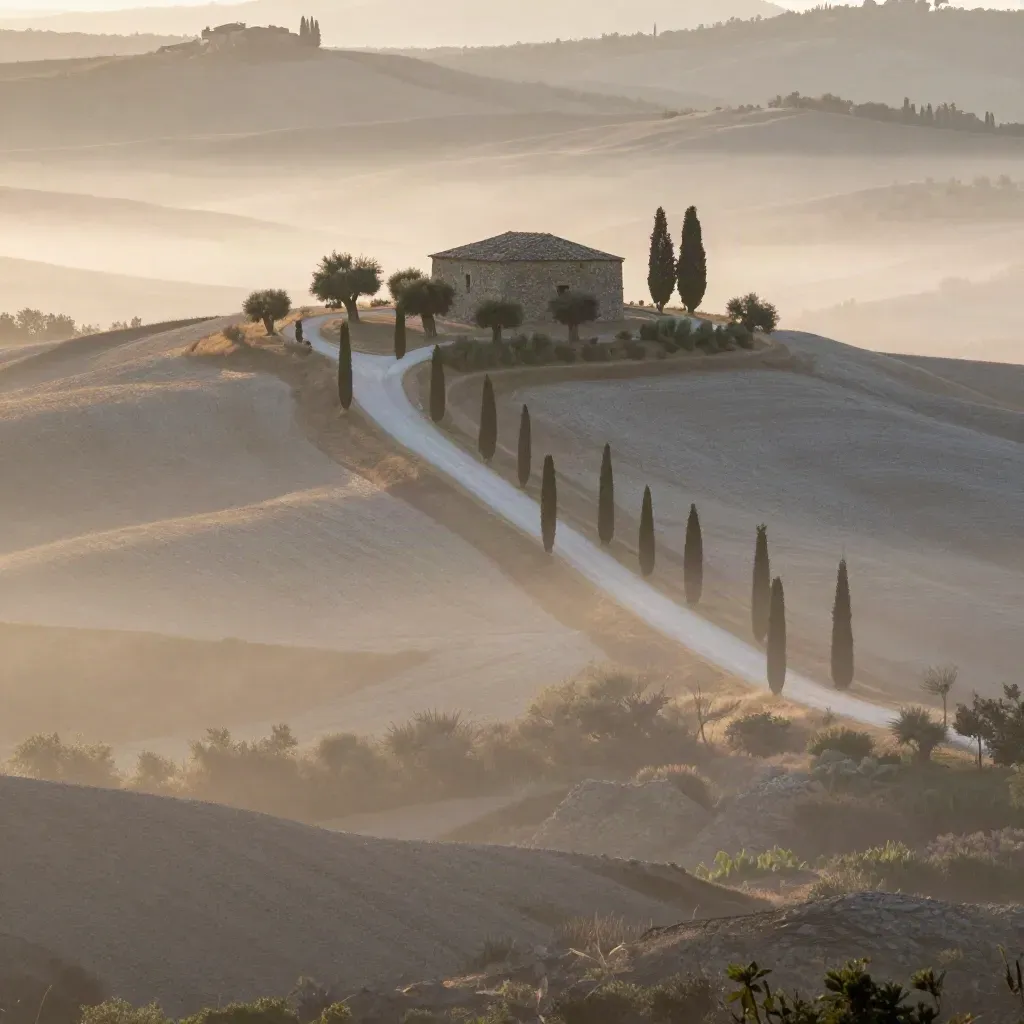 Colli della Val d’Orcia con cipressi, strada bianca e podere nella foschia del mattino