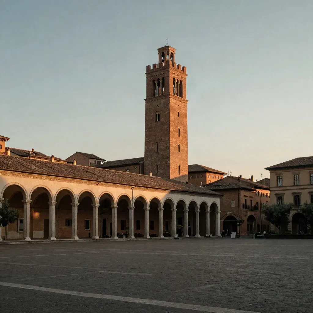 Bologna al tramonto con portici, torri e piazza ampia sotto luce dorata