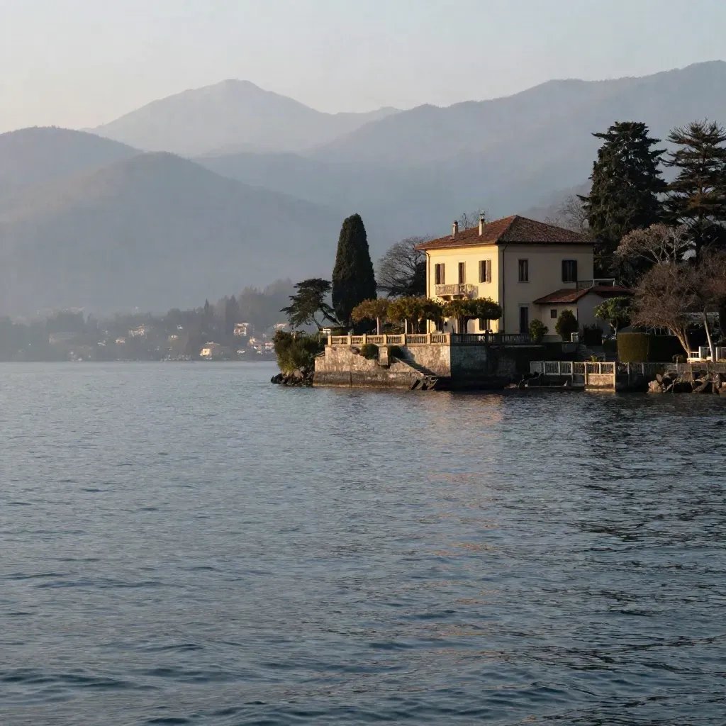 Lago di Como all’alba con villa sul promontorio e montagne immerse nella foschia